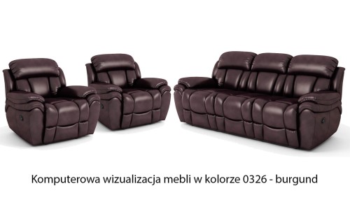 Skórzany komplet mebli wypoczynkowych 3+1+1 Boston z funkcją relaks w kolorze burgund (0326) na tle eleganckiego salonu